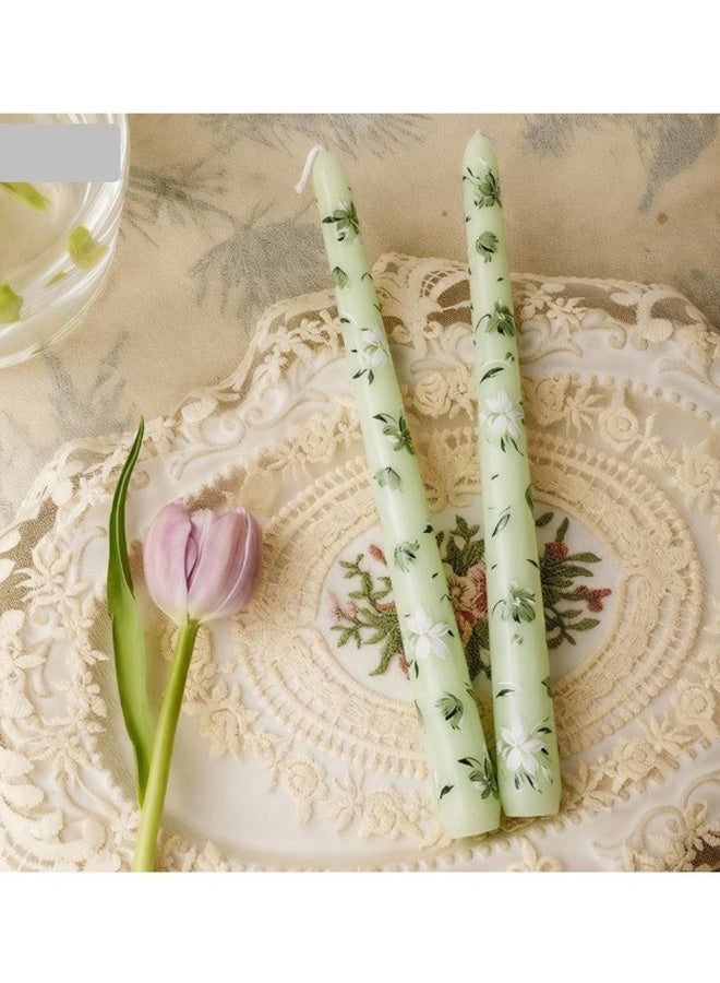 Set of 2 Printed Light Green White Flower Candles 10 Inch Handmade Unscented Drip Candles Exquisite Gift for Birthday Valentine's Day Wedding Anniversary Dinner Party Home Decor - Image 2